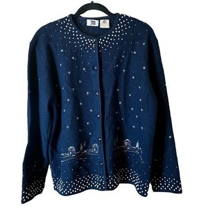 Juli Vintage Women’s Navy Wool Button-up Beaded Embroidered Cardigan Sz M